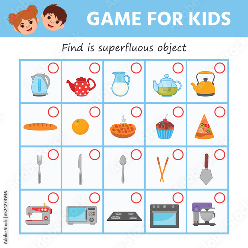 Children's educational game. Find the extra picture. Kitchen utensils, household items. Vector illustration. Sheet for printing. The development of logic in preschool children