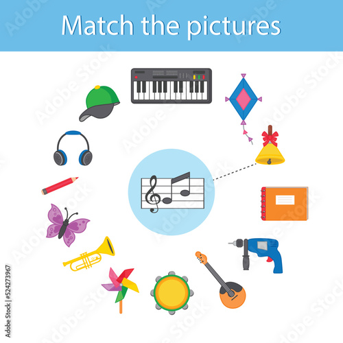Children's educational game. Find a match with the pictures. Musical instruments. Vector illustration. Sheet for printing. The development of logic in preschool children