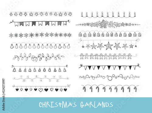 Collection of doodle christmas doodles of christmas garlands on vintage background. Hand-drawn vector illustration with holiday decor on white background.
