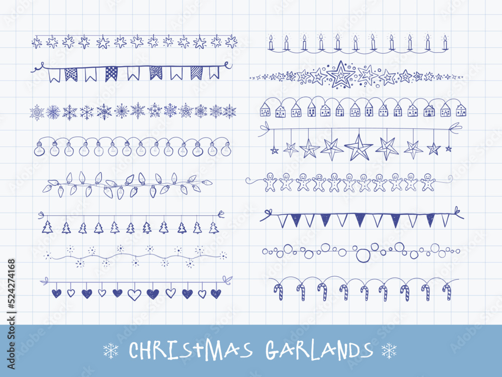Collection of doodle christmas doodles of christmas garlands on vintage background. Hand-drawn vector illustration with holiday decor on lined paper background
