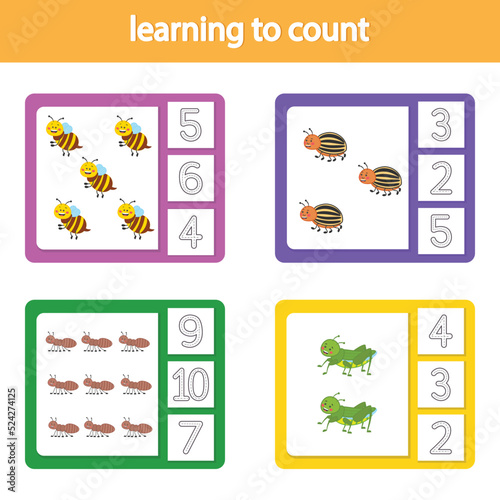 Cards for learning to count from 1 to 10. Vegetables. A game for the development of intelligence and logic for preschool children. Vetor illustration. Printable sheet photo