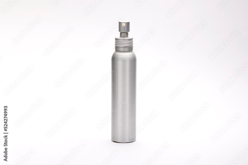 Gray metal bottle on a white background. Shave gel bottle