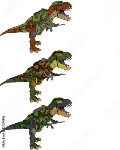 Three cartoon characters - Tyrannosaurus Rex with different weapons