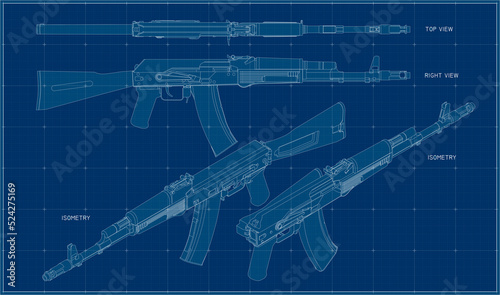 5.45 mm assault rifle developed in 1970 by a Soviet designer. Blueprint.