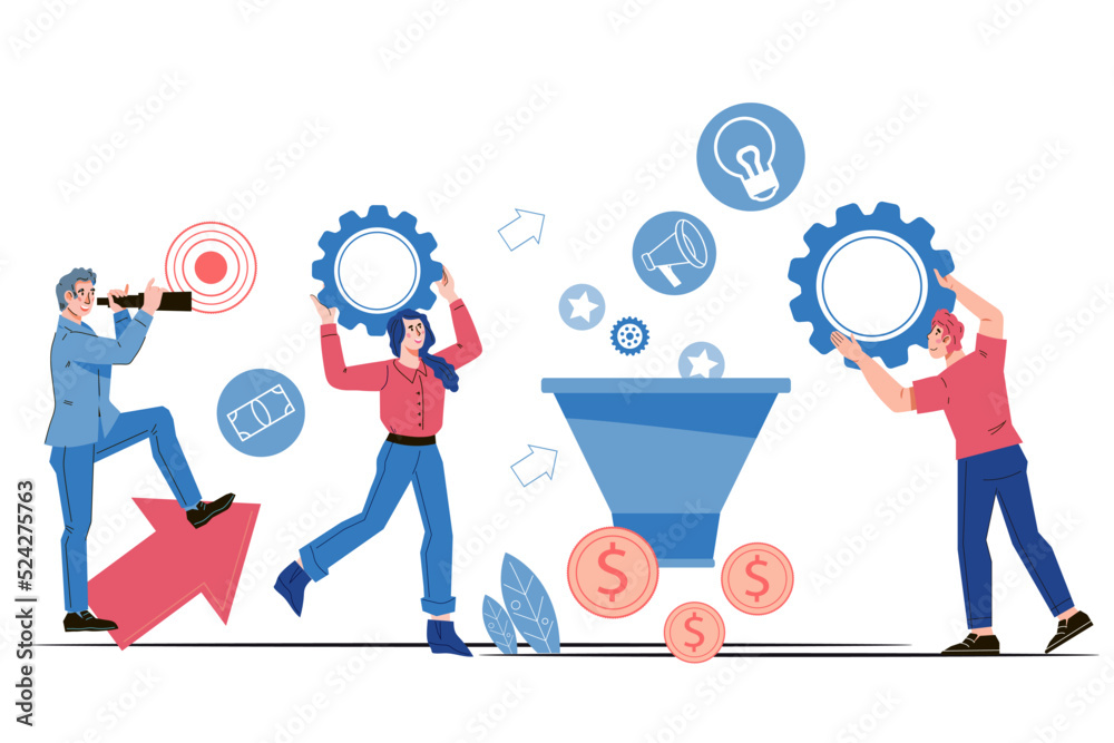 Business people work together, flat cartoon vector illustration isolated on white background. Finance and commerce, business activity. Teamwork and SMM management.