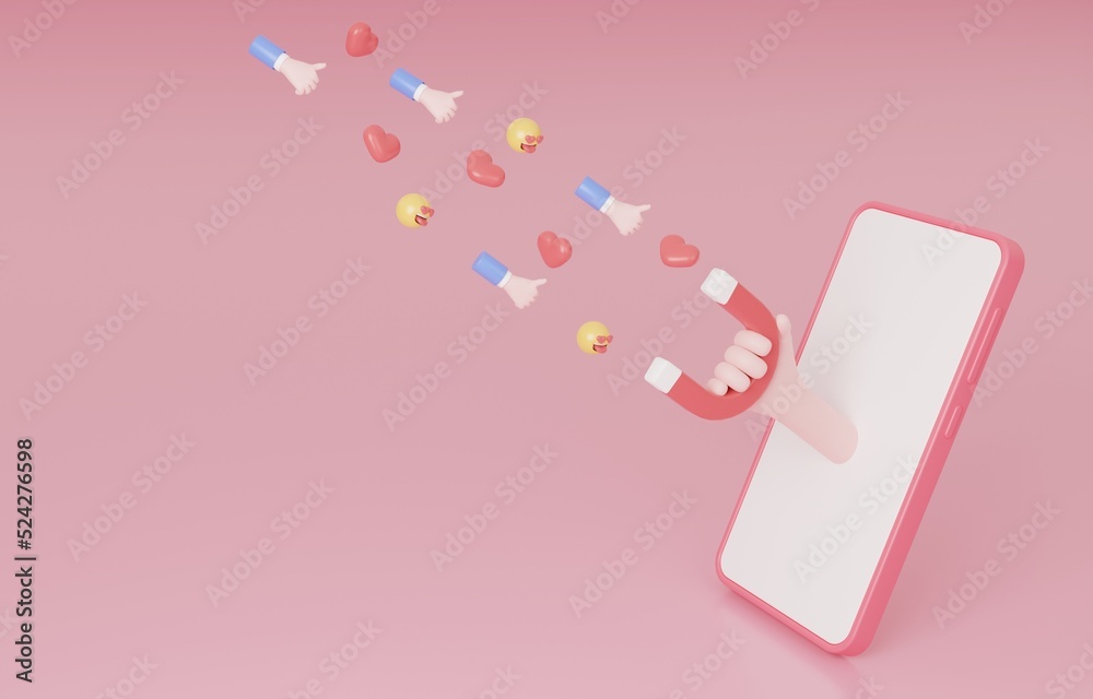 Hand holding magnet coming out of phone screen to attract emoji, heart and like, digital marketing content to attract people concept, 3d render illustration. Hand holding magnet coming out of phone screen to attract emoji, heart and like, digital marketing content to attract people concept, 3d render illustration.