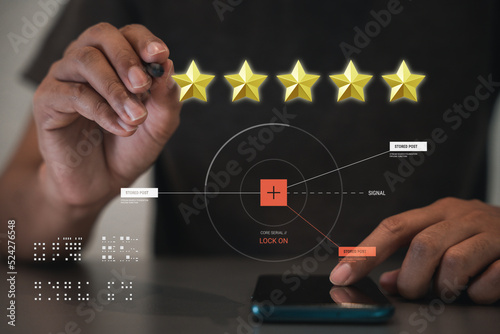 Rating survey questionnaire. business man hand using smart mobile phone with popup 5 stars 3d icon for good feedback, Customer pressing give five stars service rating online