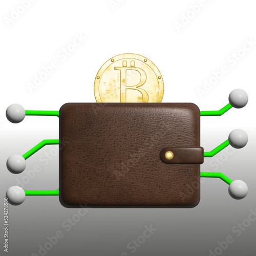 Bitcoin in a wallet, cryptocurrency in a leather wallet, 3D
