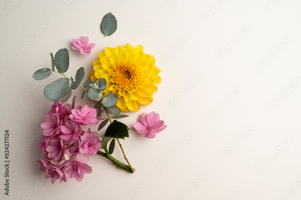 Floral composition greeting card mockup. Pink and yellow flowers with copy space. Hydrangea, dahlias and eucalyptus. Floral composition greeting card mockup. Pink and yellow flowers with copy space. Hydrangea, dahlias and eucalyptus.