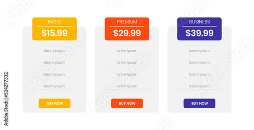 Modern pricing table concept design three service subscription plan table. Infographic project template for presentation and report.	