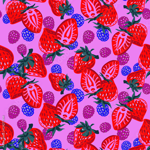 Pink Strawberries seamless pattern. Berries and raspberries.