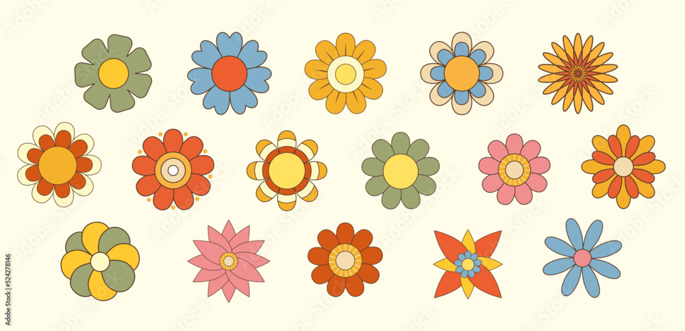 Big set of abstract retro flowers. Collection of different shaped flowers in trippy 70s 80s style. Hippie aesthetic, vintage floral vector elements
