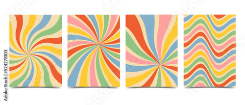 Retro groovy striped background of the 70s style. Abstract colorful rainbow rays vintage backdrop. Twisted and distorted texture vector illustration flat style