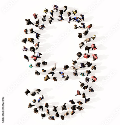 Concept or conceptual large community of people forming the font 9. 3d illustration metaphor for unity and diversity, humanitarian, teamwork, cooperation, education, friendship and community