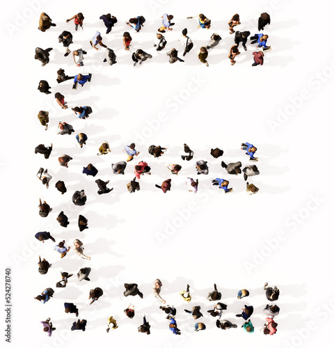 Concept or conceptual large community of people forming the font E. 3d illustration metaphor for unity and diversity, humanitarian, teamwork, cooperation, education, friendship and community