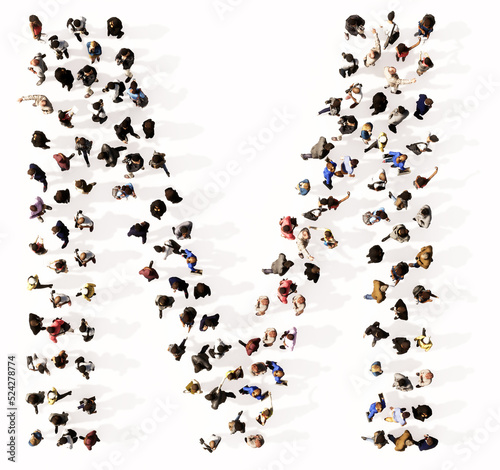 Concept or conceptual large community of people forming the font M. 3d illustration metaphor for unity and diversity, humanitarian, teamwork, cooperation, education, friendship and community
