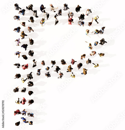 Concept or conceptual large community of people forming the font P. 3d illustration metaphor for unity and diversity, humanitarian, teamwork, cooperation, education, friendship and community