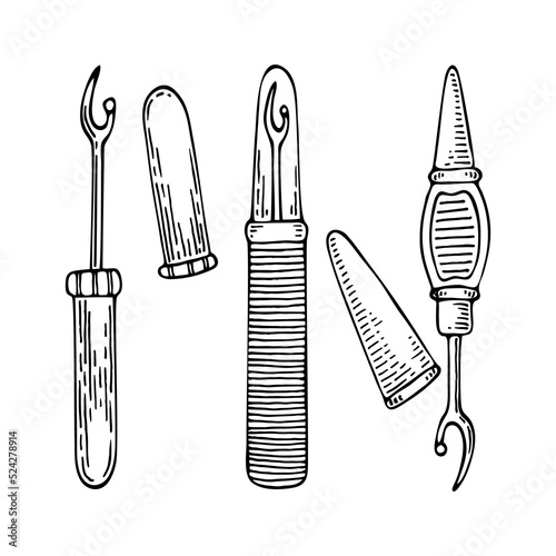Set tailor seam rippers line art. Sewing thread trimming tool. Hand drawn vector illustration.