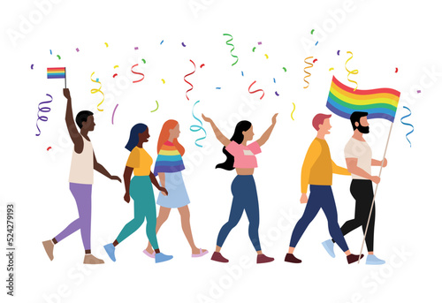 Pride parade vector illustration of people, homosexual couples holding rainbow signs, lgbt community activists