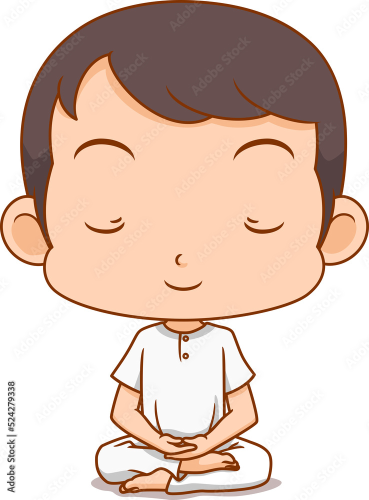 Boy meditating in white clothes.