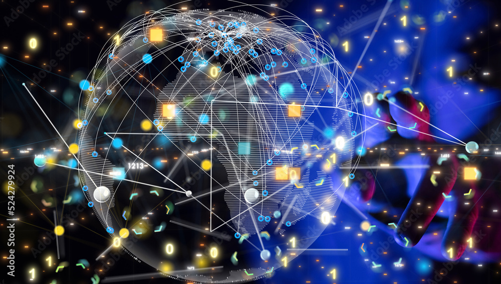 Global network. Blockchain. 3D illustration. Neural networks and artificial intelligence. Abstract Global network. Blockchain. 3D illustration. Neural networks and artificial intelligence. Abstract