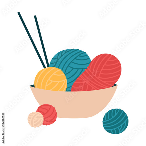 Yarn balls in a basket. Pile of wool for knitting needles. Hobby for leisure. Skein, bobbin. Isolated flat vector illustration