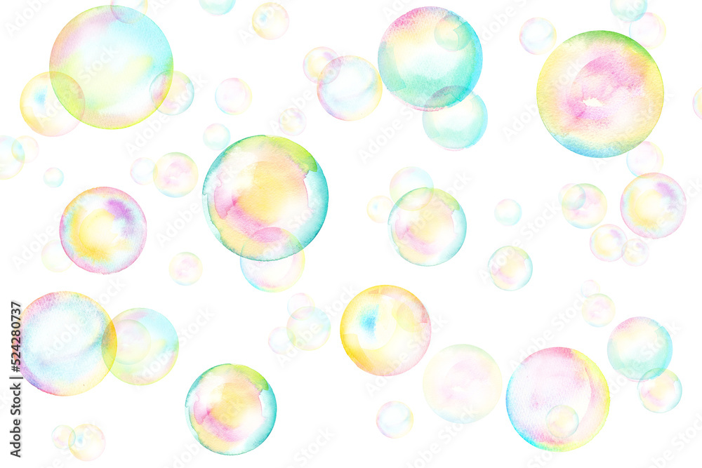 ランダムなシャボン玉の背景。 水彩イラスト。（透過背景） 素材庫插圖| Adobe Stock