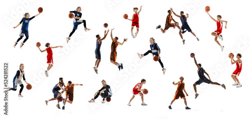 Collage. Dynamic portrait of adults and children, basketball players in motion, training isolated over white studio background. © Lustre