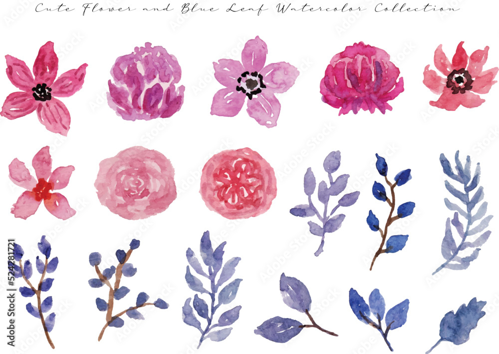 a set of cute pink flower and blue leaf watercolor