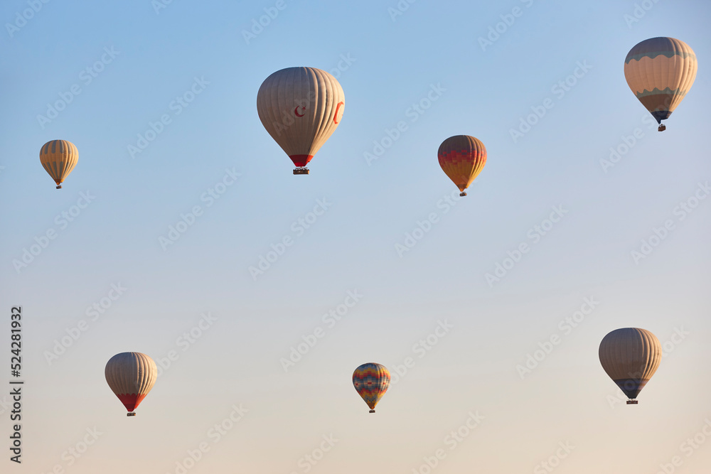 Fototapeta premium Spectacular balloons flying at sunrise in Goreme. Turism Cappadocia, Turkey