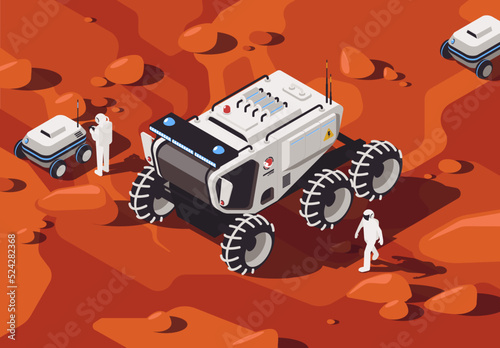 Vector illustration of a futuristic passenger rover with people and drones on wheels in the style of isometry on the Martian surface, a research mission on Mars