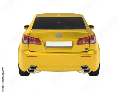 car isolated on white - yellow paint  tinted glass - back view - 3d rendering