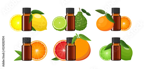 Citrus essential oil in brown glass bottles, herbal alternative medicine treatment product, vector Illustration on white background