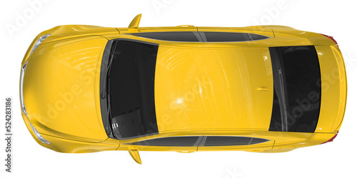 car isolated on white - yellow paint, tinted glass - top view - 3d rendering