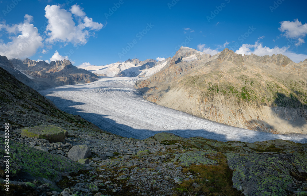 Fantastic view of the great Rhone glacier and the mountains in the canton of Valais. Furka Pass, Switzerland. Viewpoint