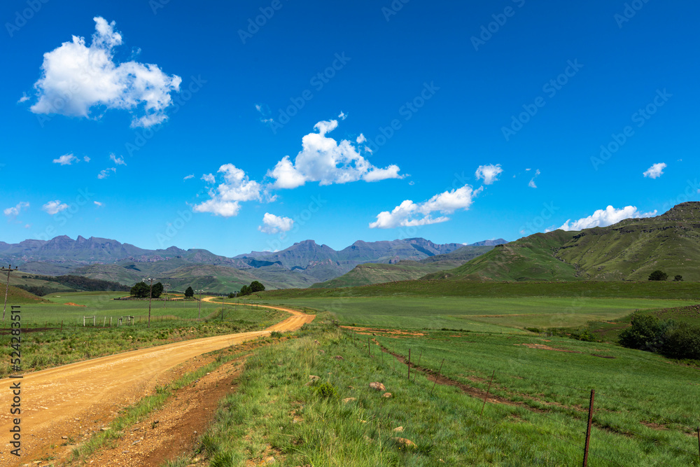 Gravel road through green fields to the mountain