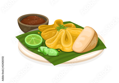 Batagor or dumpling fried is traditional street food from Bandung Indonesia illustration vector