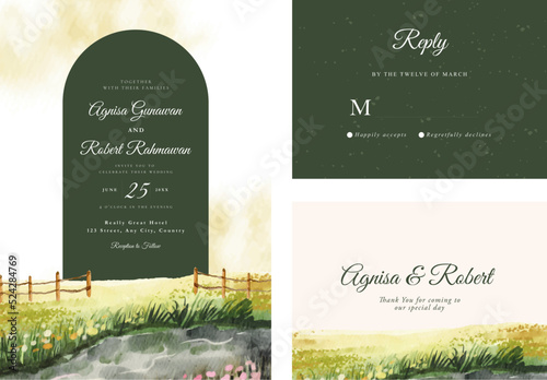 Wedding Invitation set with watercolor snowy hills and tree landscape