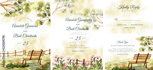 Wedding invitation set with watercolor garden bench and floral