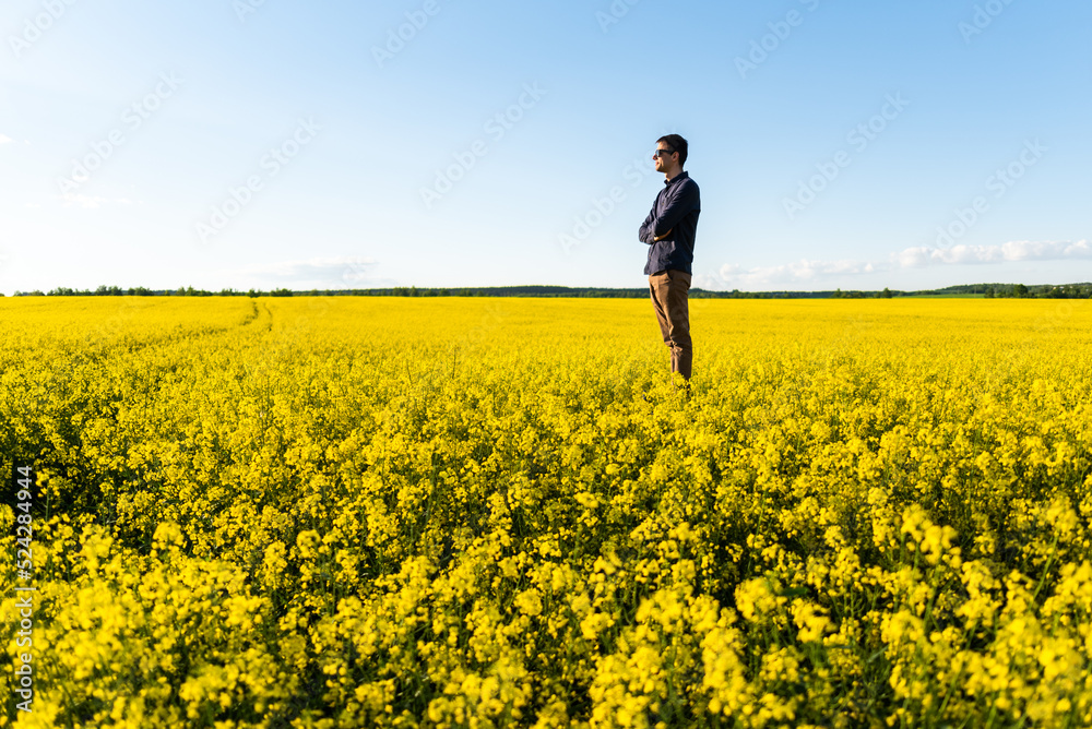 Man in the field. Agriculture - country outdoor scenery, warm sunset light.