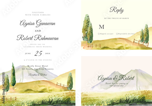 Wedding Invitation set with watercolor tuscany hills of italy