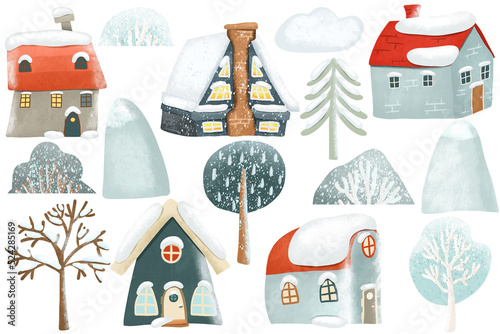Set of cute cartoon snowy winter houses, trees, clouds, mountains, Christmas clipart, isolated illustration on a white background