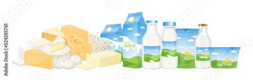 Set of dairy products and cheeses, yogurt, kefir, butter and others. Glass and plastic bottles, boxes and  packaging. Vector illustration on white banner background