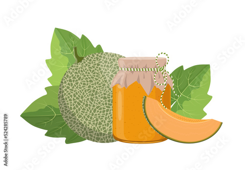 Melon jam or confiture jar in rustic style, homemade fruit berry preserve, vector illustration on white background