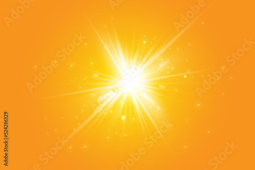 Warm sun on a yellow background. Leto.bliki solar rays.Оrange yellow background.