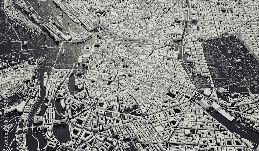 Fototapeta premium Madrid, Spain city map aerial view. minimal design. 3D Rendering