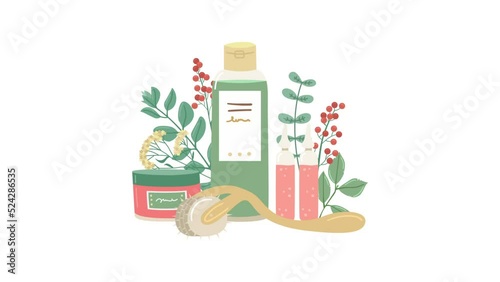 Animation of a vector illustration with a tonic, face cream, serum and roller with plants and flowers. photo