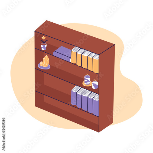 Wooden bookshelf in library room. Flat vector illustration isolated on white background