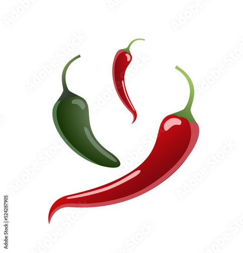 Green hot jalapeno and red chili pepper, vector illustration isolated on white background