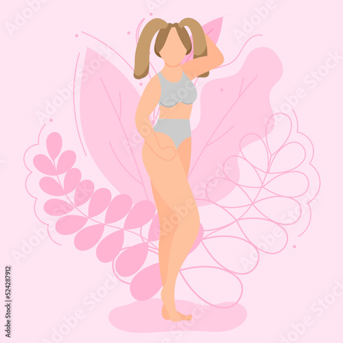 Vector illustration on the theme of body positivity. A tall girl with her hair braided in two long ponytails against a background of beautiful leaves. Flat style